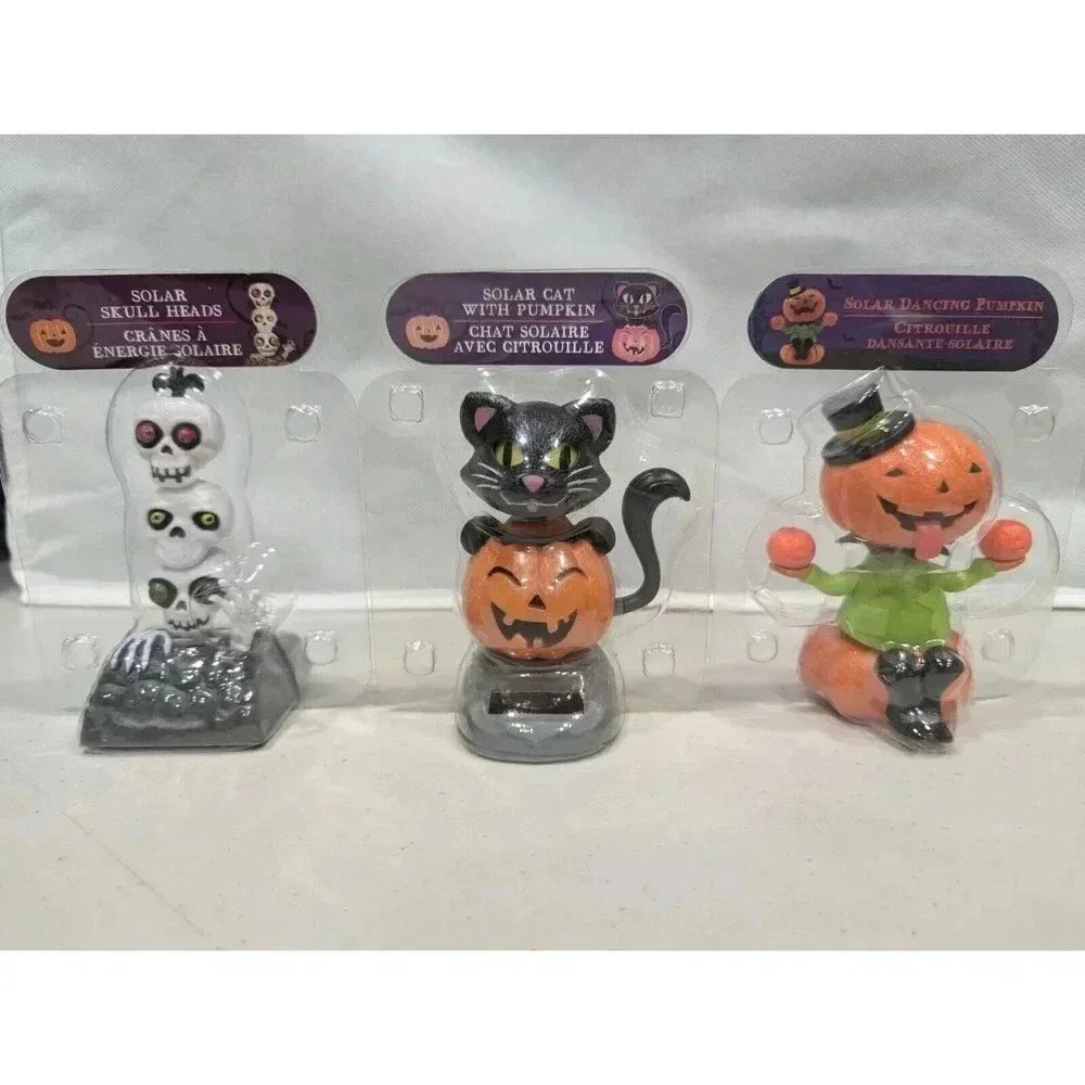Lot of 3 Solar Powered Dancing Bobble Head Hallowee Pumpkin Cat Skeleton‎ Heads